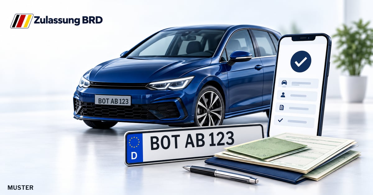 Online Fahrzeugzulassung in Bottrop-Kirchhellen: Musterkennzeichen BOT AB 123, Auto und Fahrzeugpapiere und Smartphone. Illustration mit Logo von Zulassung BRD.